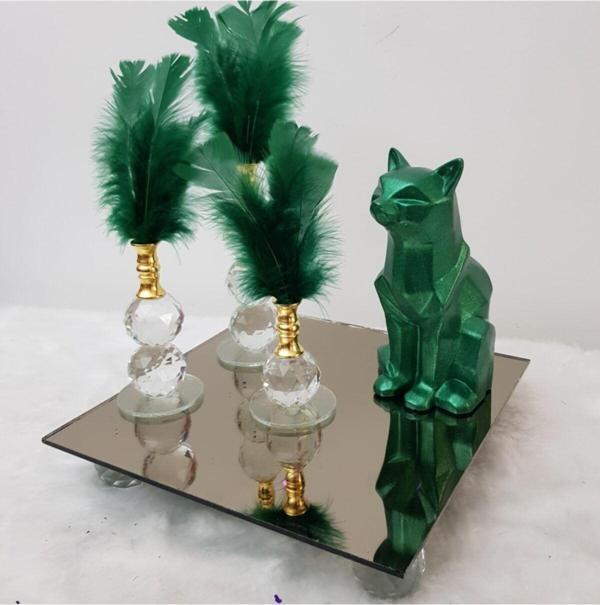 Arose Ab Ev Dekorasyon Yeşil Kedi, Yeşil Üçlü Tüy Dekor, Gold Ağızlıklı Ve Ayna Kesme Yükseltici Bronz Set - Image 1