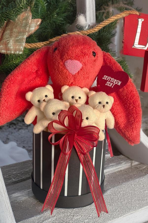 SOLE Premium Özel Hediye Kutusunda 45 cm Mercan Bunny Tavşan ve 5 Adet Krem Peluş Ayıcık Buketi - Image 1