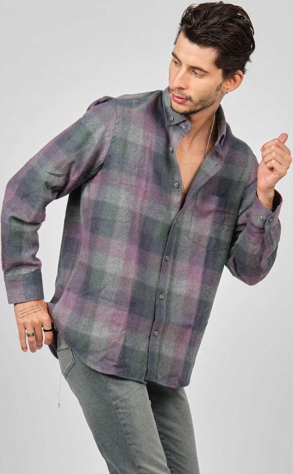 De Leone Erkek Çizgili Uzun Kollu Yün Apre Gömlek 0171100 Mürdüm - Image 1