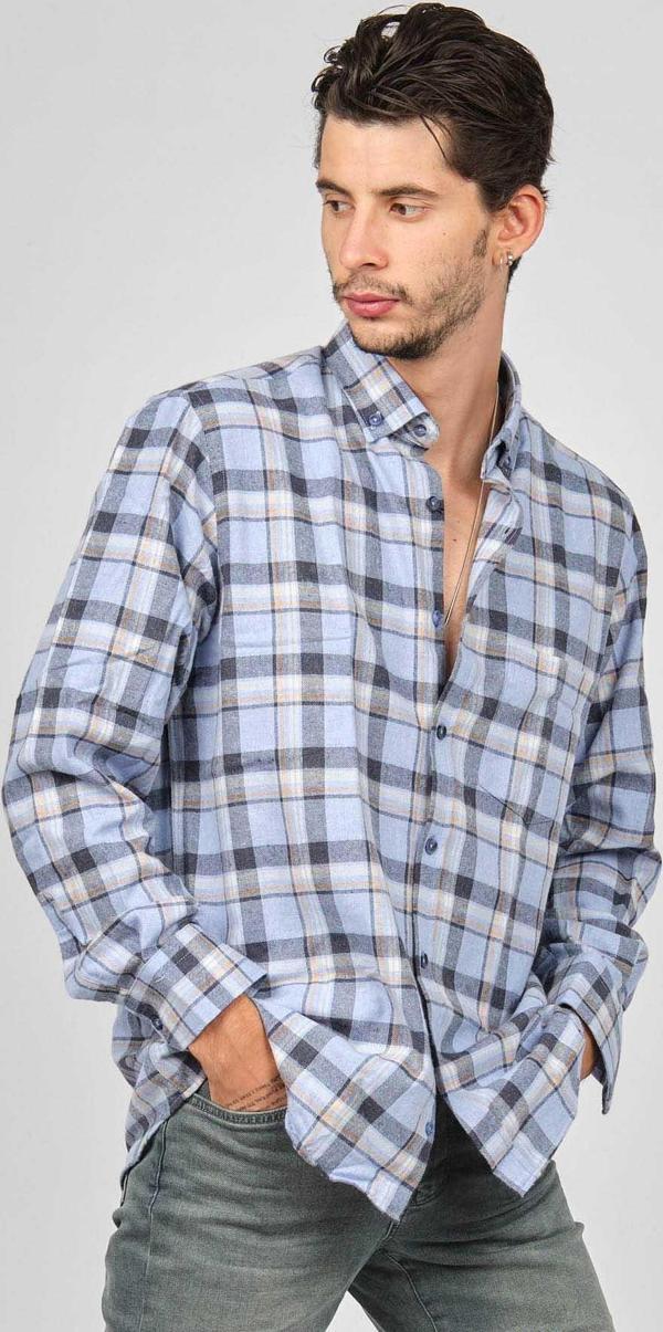 De Leone Erkek Çizgili Uzun Kollu Yün Apre Gömlek 0171101 Mavi - Image 1