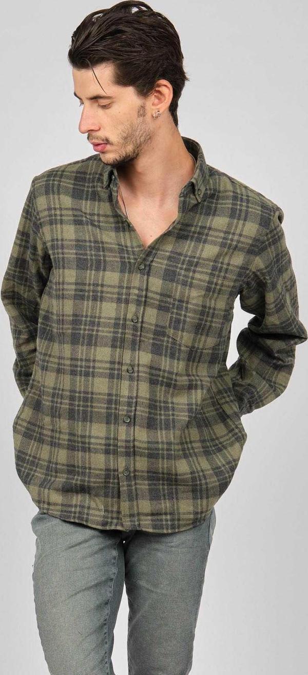 De Leone Erkek Çizgili Uzun Kollu Yün Apre Gömlek 0171102 Yeşil - Image 1