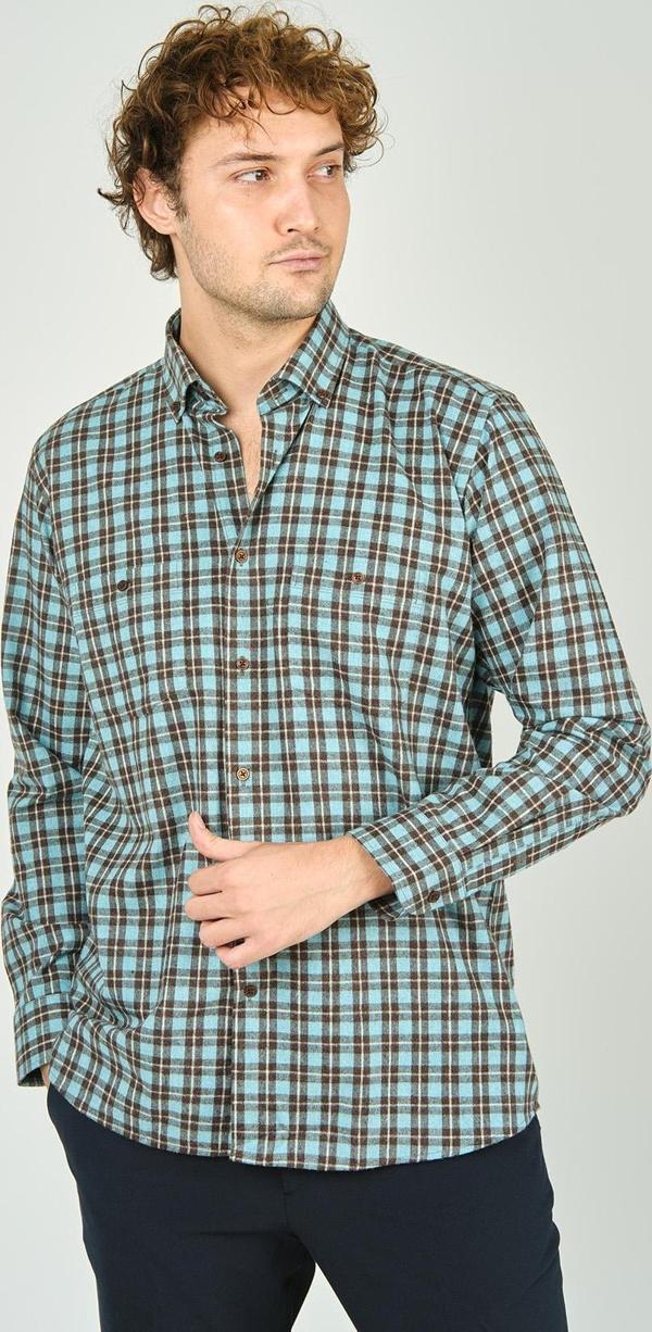 Mugi Erkek Ekoseli Uzun Kollu Çift Cepli %100 Pamuk Gömlek 1001 Turkuaz - Image 1