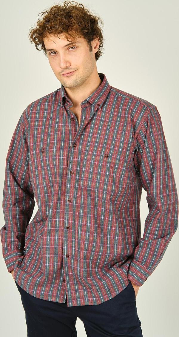 Mugi Erkek Ekoseli Uzun Kollu Çift Cepli %100 Pamuk Gömlek 1001 Kırmızı - Image 1
