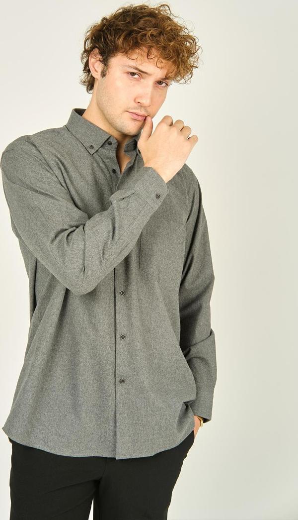 Mugi Erkek Uzun Kollu Tek Cepli %100 Pamuk Gömlek 4100 Gri - Image 1