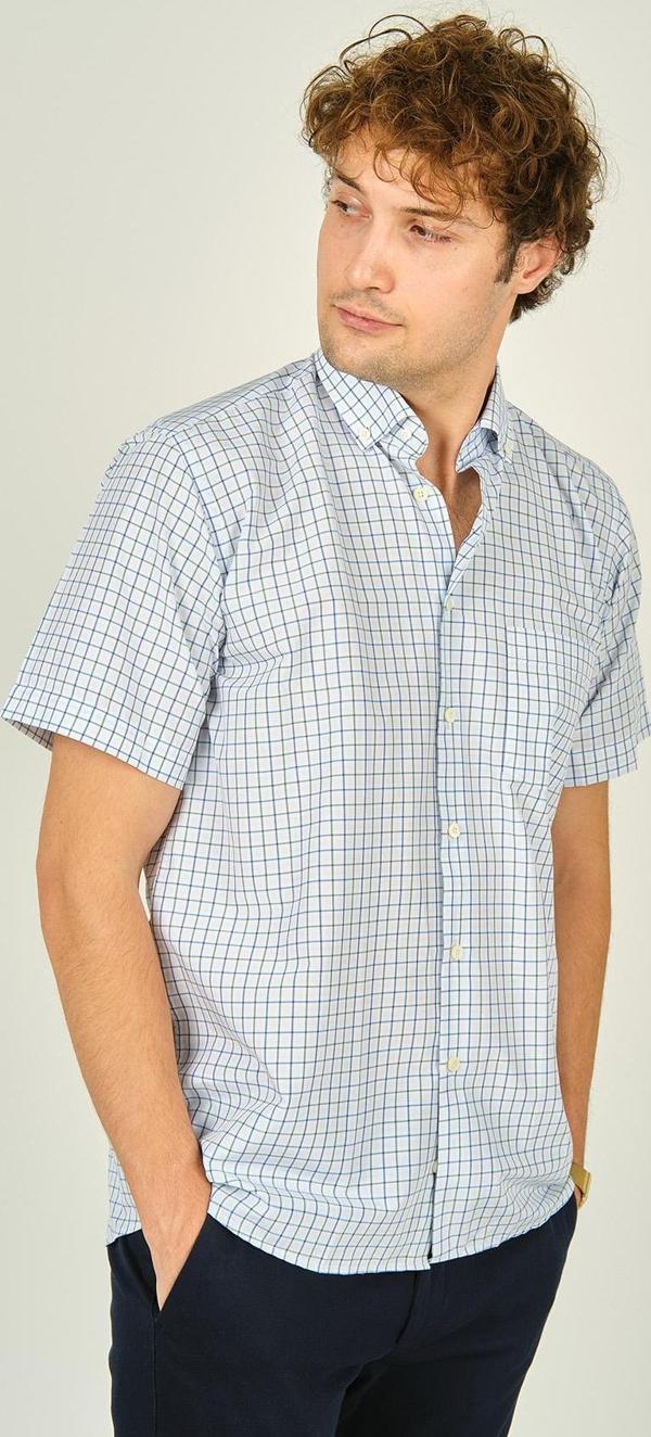 Mugi Erkek Kare Desenli Tek Cep Detaylı Kısa Kollu Pamuklu Gömlek 3007 Yeşil - Image 1