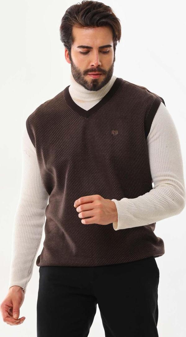 Pelikan Erkek V Yaka Desenli Süveter 7612 Kahverengi - Image 1