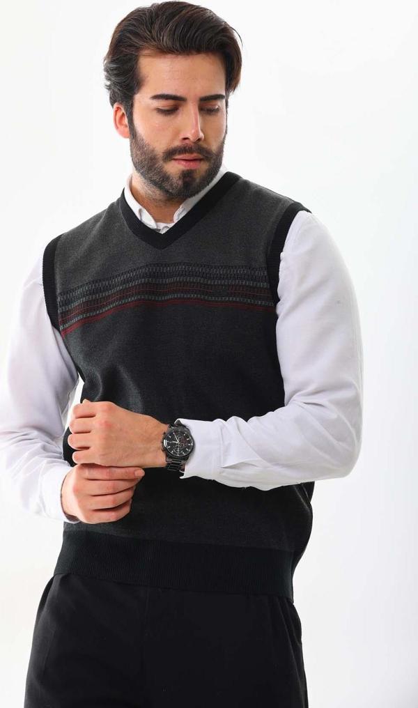 Pelikan Erkek Desenli V Yaka Süveter 9602 Füme - Image 1