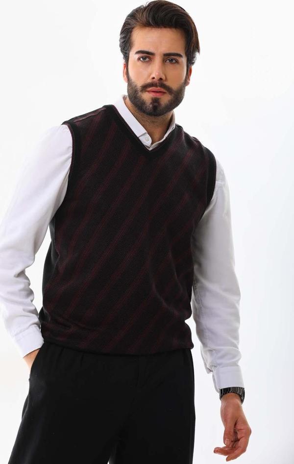 Pelikan Erkek Çizgili V Yaka Süveter 9625 Bordo - Image 1
