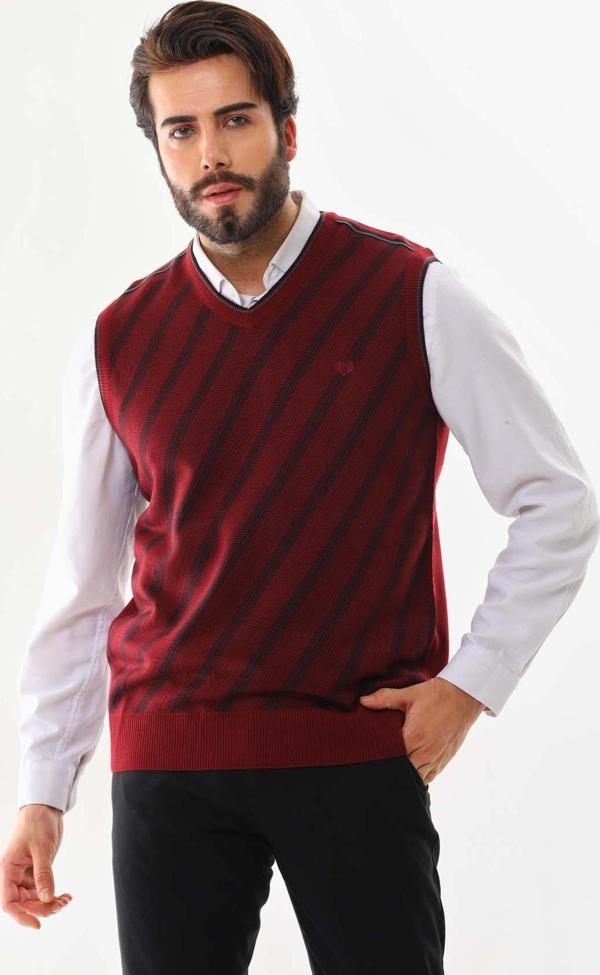 Pelikan Erkek Çizgili V Yaka Süveter 9625 Kiremit - Image 1