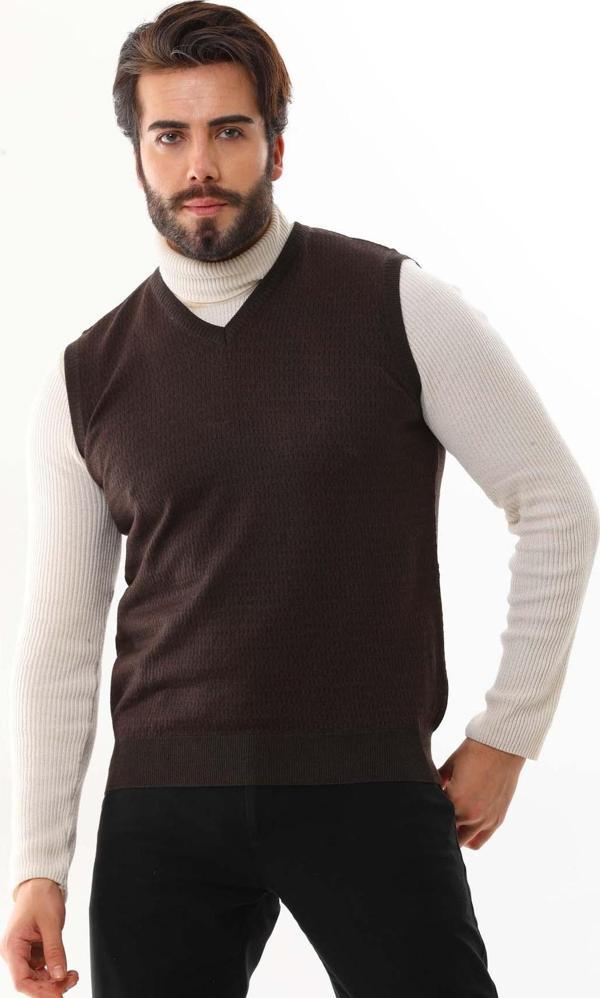 Pelikan Erkek V Yaka Yün Süveter 4P10 Kahverengi - Image 1