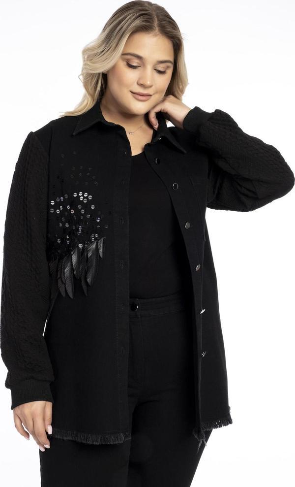 Sedna Kadın Büyük Beden İşlemeli Kot Mont 1003 Siyah - Image 1