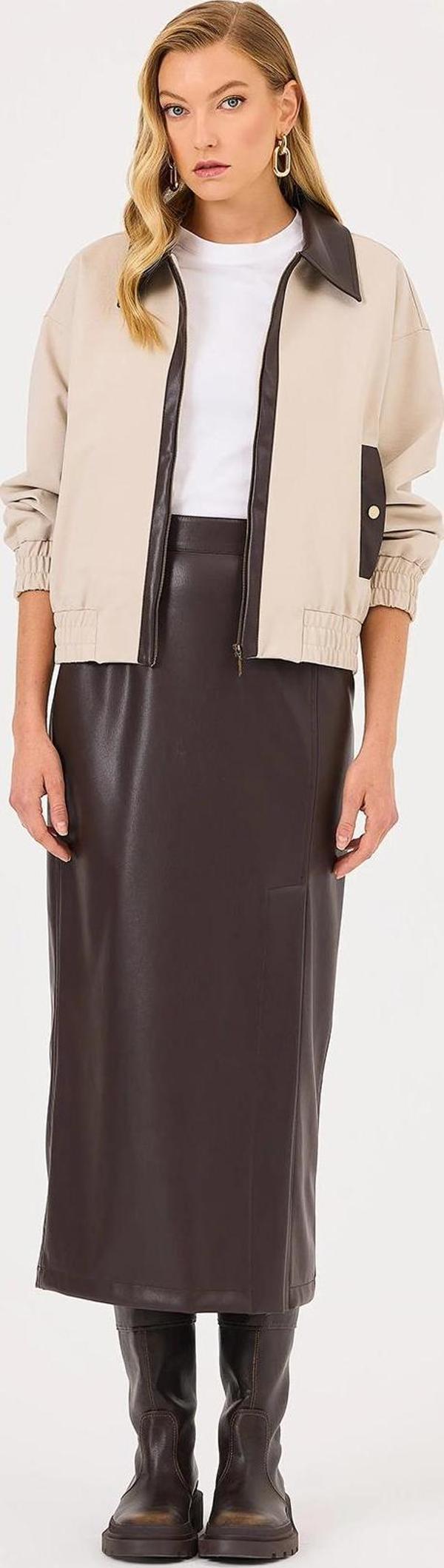 Seçil Kadın Yırtmaçlı Suni Deri Etek 0010 Kahverengi - Image 1