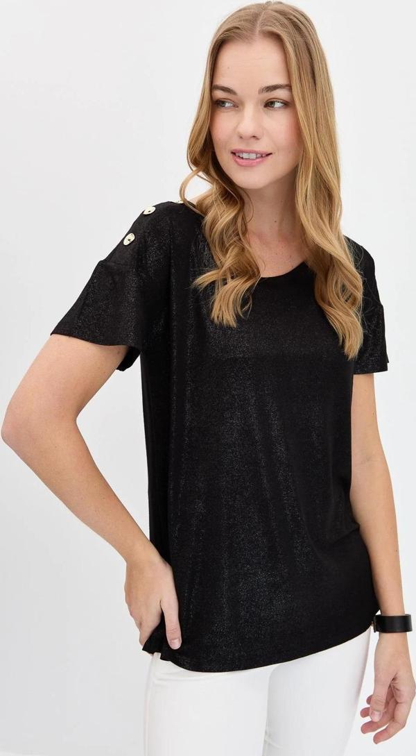 Desen Triko Kadın Sıfır Yaka Omuzları Düğmeli T-Shirt KMY24028 Siyah - Image 1