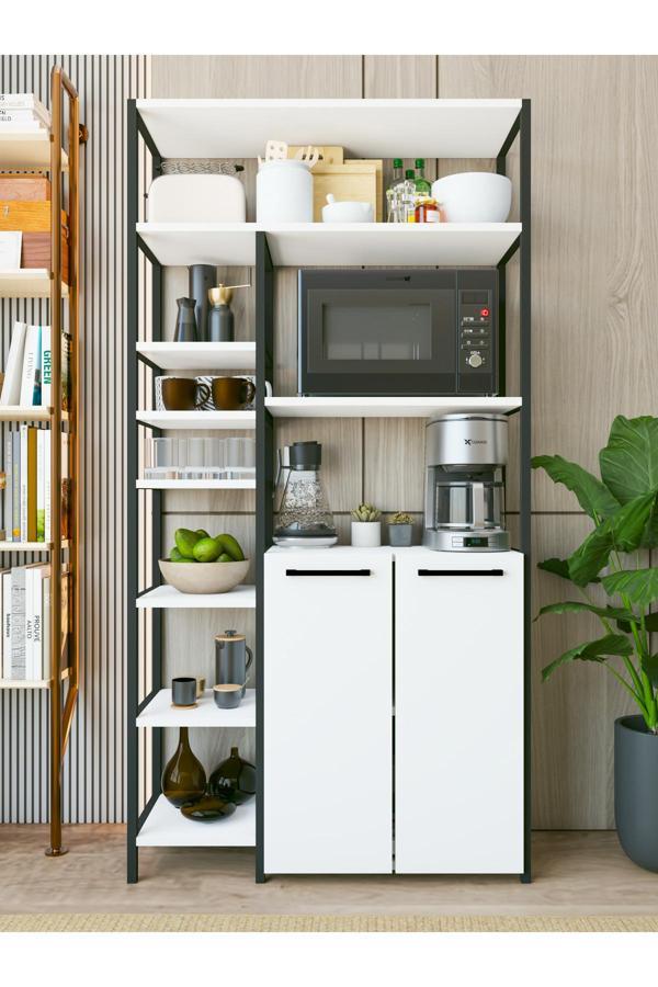 Montenero Mutfak Standı 2 Kapaklı 8 Raflı Kahve Köşesi Mutfak Rafı Mutfak Dolabı Beyaz - Image 1