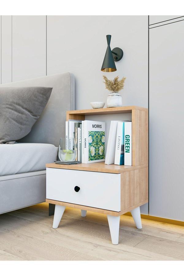 Montenero Komodin Parlak Beyaz-Marbella Çekmeceli Raflı Komodin Yatak Odası - Image 1