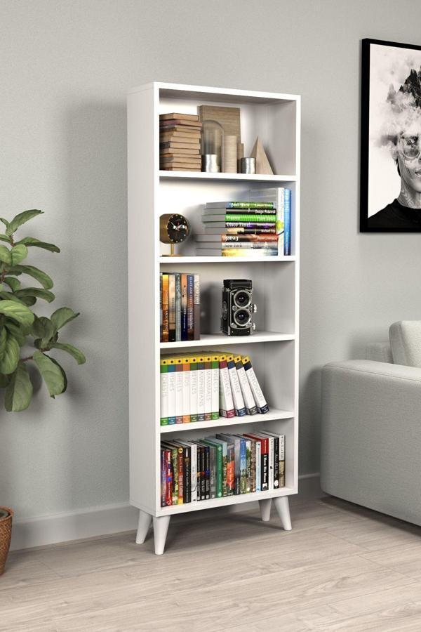 Montenero Kitaplık Cordoba - Parlak Beyaz 5 Raflı Kapaklı Kitaplık - Image 1