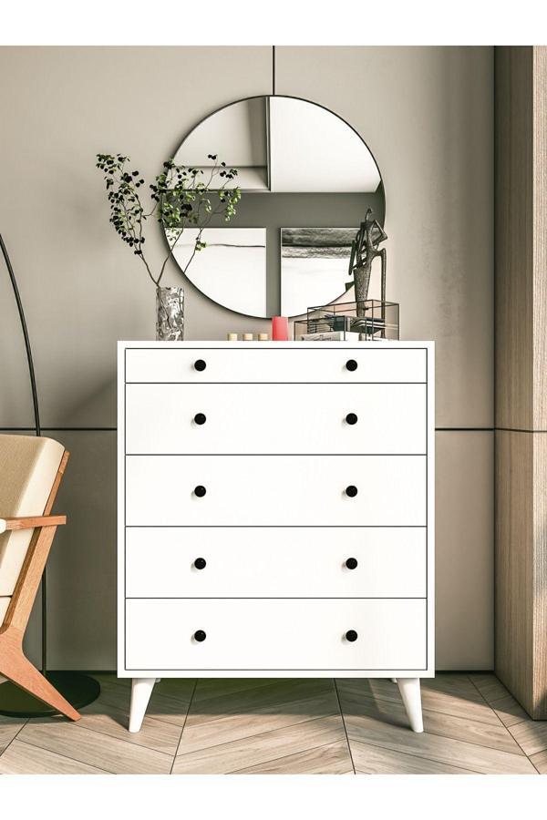 Montenero Şifonyer Parlak Beyaz 5 Çekmeceli Country Şifonyer Komodin Ahşap - Image 1