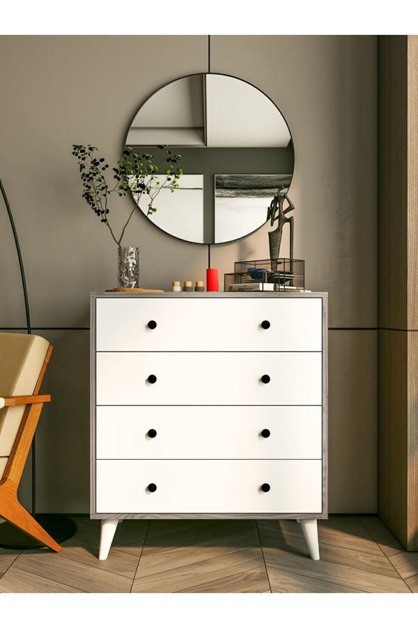 Montenero Şifonyer Cordoba Parlak Beyaz-Kahverengi 4 Çekmeceli Country Şifonyer Komodin - Image 1