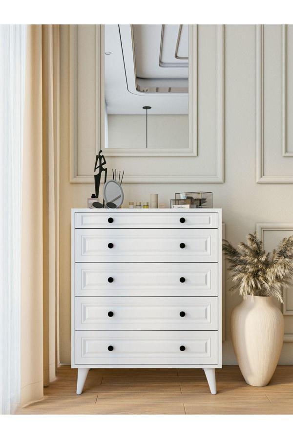 Montenero Şifonyer Parlak Beyaz 5 Çekmeceli Country Şifonyer - Image 1