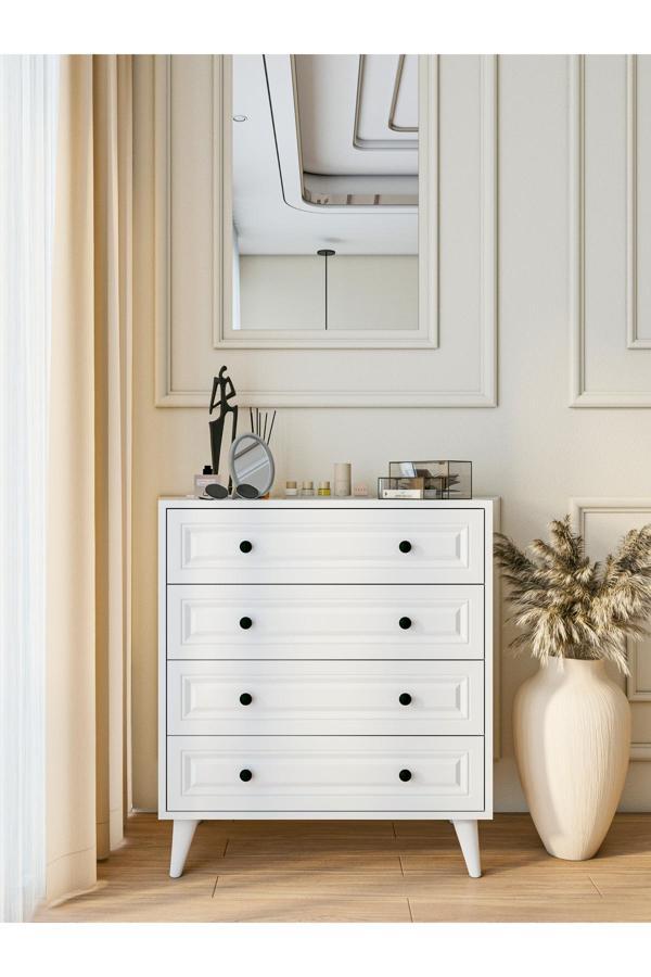 Montenero Şifonyer Parlak Beyaz 4 Çekmeceli Country Şifonyer - Image 1