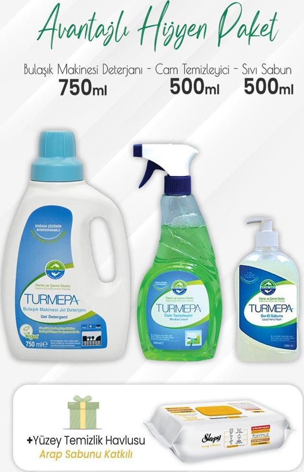 Turmepa Bulaşık Makinesi Deterjan 750 ml, Cam Temizleyici, Sıvı Sabun 500 ml ve Arap Sabunlu 100'lü - Image 1