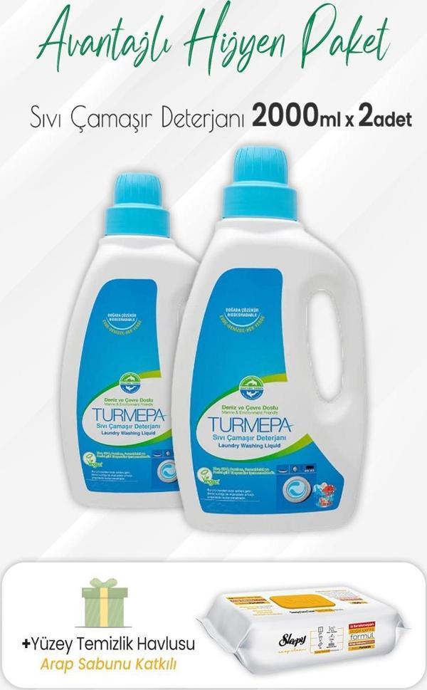 Turmepa Sıvı Çamaşır Deterjanı 2 lt x 2 Adet ve Arap Sabunlu Yüzey Temizlik 100' lü - Image 1