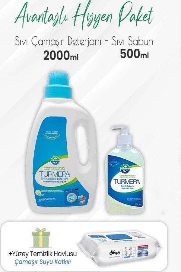 Turmepa Sıvı Çamaşır Deterjanı 2 lt, Sıvı Sabun 500 ml ve Çamaşır Sulu Havlu 100'lü - Image 1