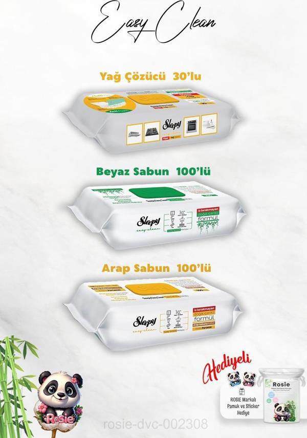 Beyaz ve Arap Sabun Katkılı Sleepy 100'lü, Yağ Çözücü 30'lu Temizlik Havlusu ve Rosie Hediye - Image 1