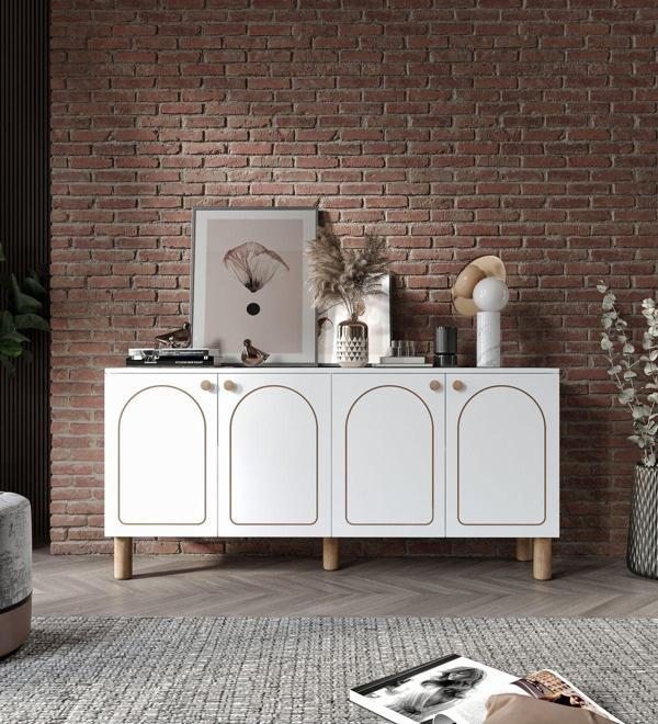 Kznmob Home Duru 4 Kapaklı Çok Amaçlı Bohem Konsol, Bohem Tarzda Yüksek Konsol - Tamamı 1. Kalite Mdf - Image 1