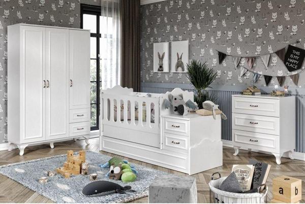 Kznmob Home Kartopu Country Tarzı Bebek Odası Takımı Beyaz - 3 Parçalı Tamamı 1. Kalite Mdf - Image 1
