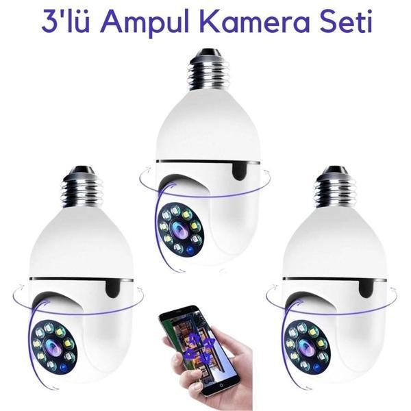 3 Lü Kamera Seti Wifi 360 Derece Panoramik Ampul Kamera Güvenlik Kamerası Gece Görüşlü Sesli - Image 1