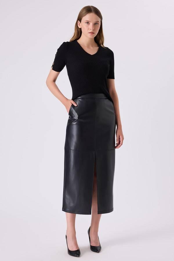 Fever Lara Yırtmaç Detaylı Kadın Deri Etek 342113013 - Image 1