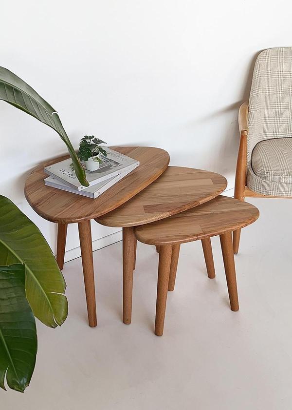 ''Doğal Masif Ahşap Damla Sehpa Seti - 3'lü Zigon Set Modern ve Minimalist Sehpa Takımı (Yan Sehpa, Orta Sehpa, Dekoratif Sehpa)'' (Kayın) - Image 1