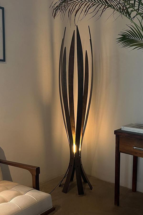 ''Hedra Lambader, İskandinav Tarzı Ahşap Lambader, Dekoratif Yer Lambası, Modern Salon Aydınlatma'' (CEVİZ) - Image 1