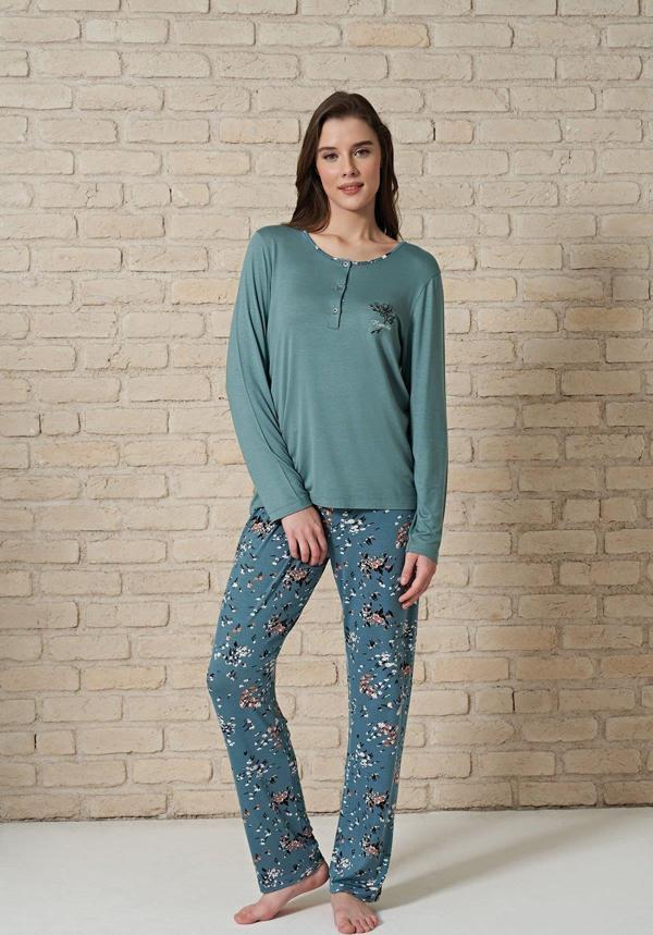1730 Büyük Beden Kadın Düğmeli Uzun Kollu Pijama Takımı - Image 1