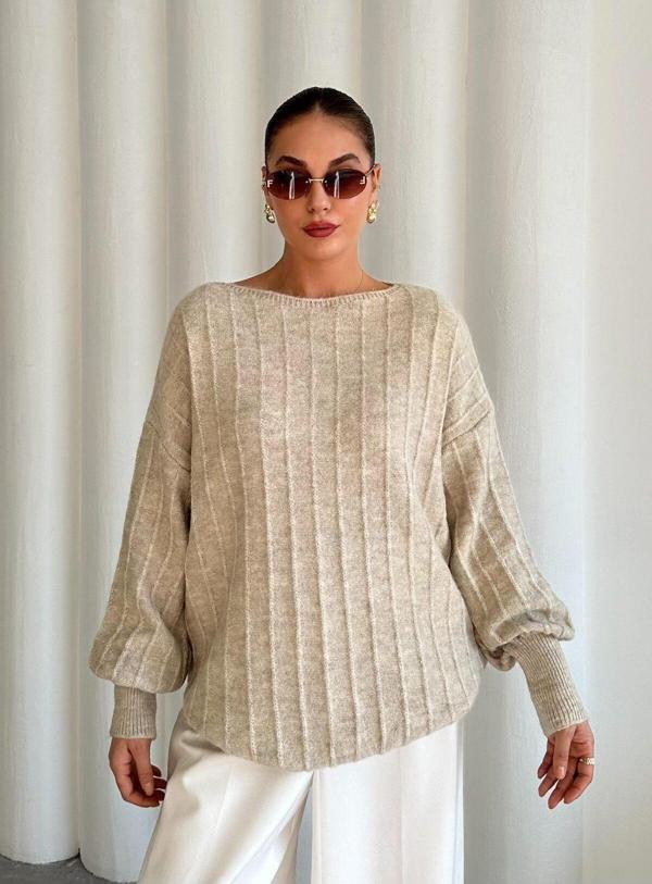 Laluvia Açık Bej Kayık Yaka Fitilli Oversize Kazak - Image 1