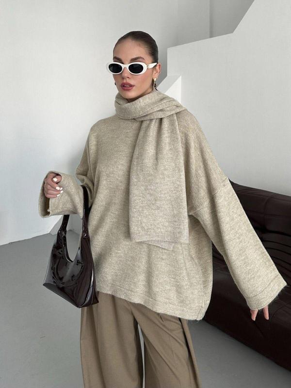 Laluvia Bej Bisiklet Yaka Atkılı Oversize Kazak-25811 - Image 1