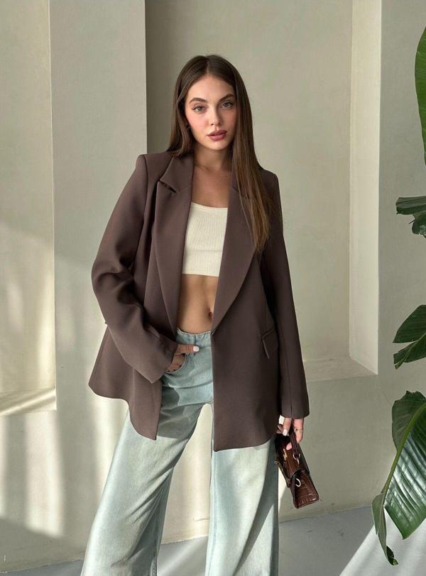 Laluvia Kahverengi Kolu Katlamalı Blazer Ceket-9134 - Image 1