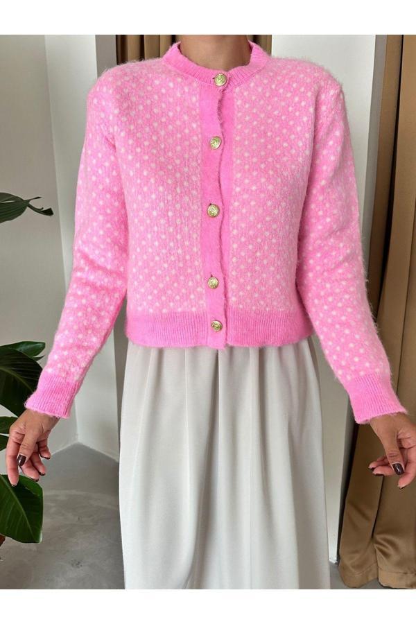 Laluvia Şeker Pembe Desenli Gold Düğmeli Hırka-4468 - Image 1