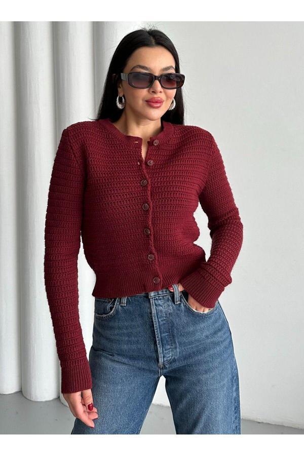 Laluvia Bordo Bisiklet Yaka Örme Basic Hırka-00279 - Image 1