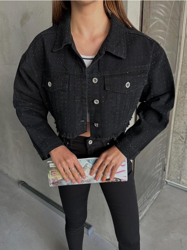 Laluvia Siyah Strass Taşlı Jean Ceket - Image 1