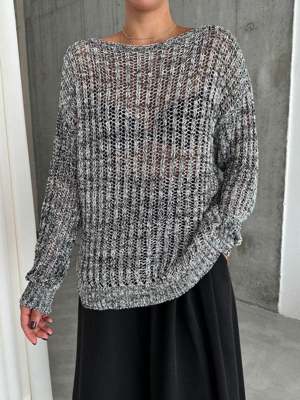 Laluvia Siyah-Ekru Lace Kayık Yaka Pullu Kazak-4407 - Image 1
