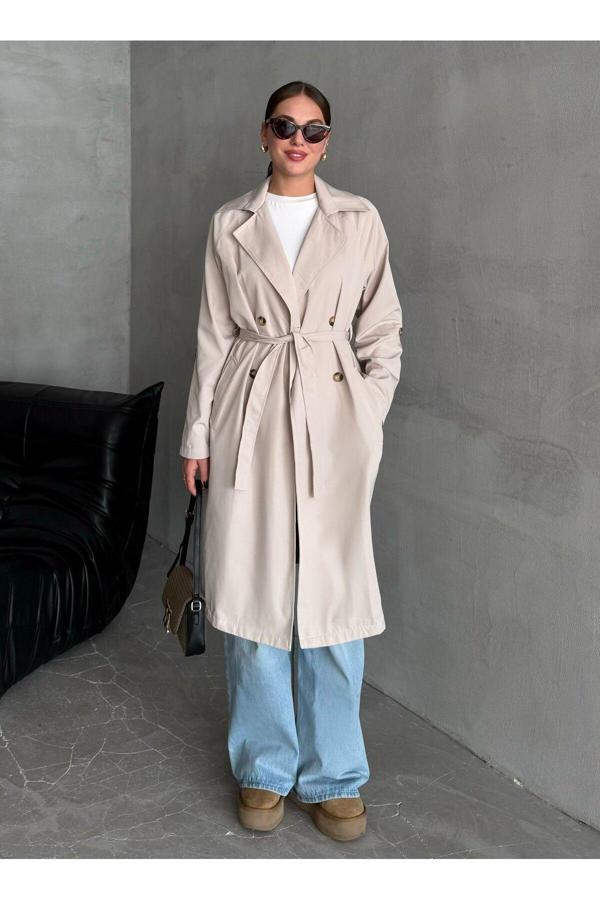 Laluvia Krem Dökümlü Uzun Trençkot - 7310 - Image 1