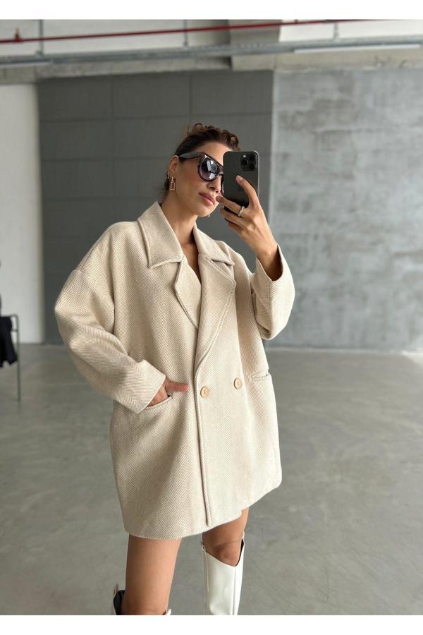 Laluvia Taş 1. Sınıf Kalite Balık Sırtı Oversize Kaşe Kaban - Image 1