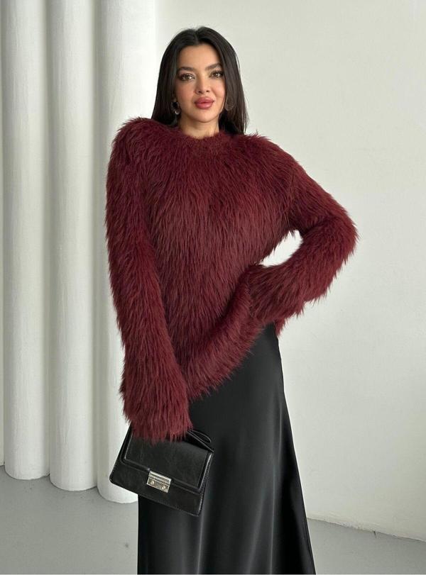 Laluvia Bordo Peluş Tüylü Püsküllü Kazak - 00022 - Image 1