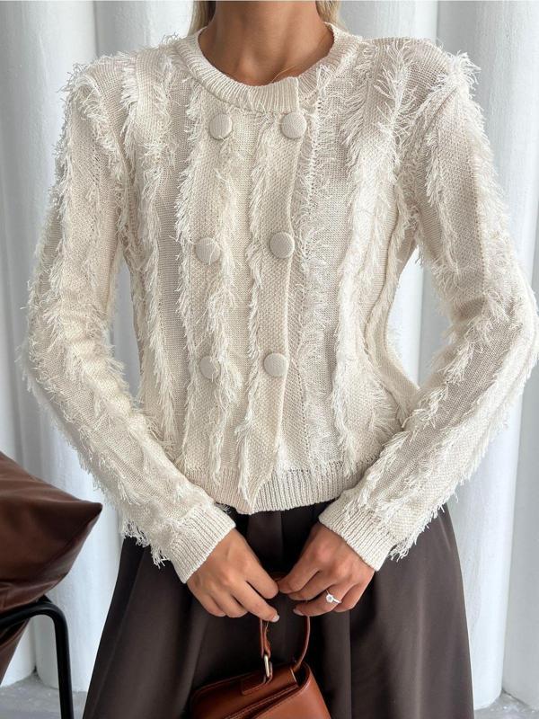 Laluvia Krem Saçaklı Düğmeli Hırka-Th241024 - Image 1