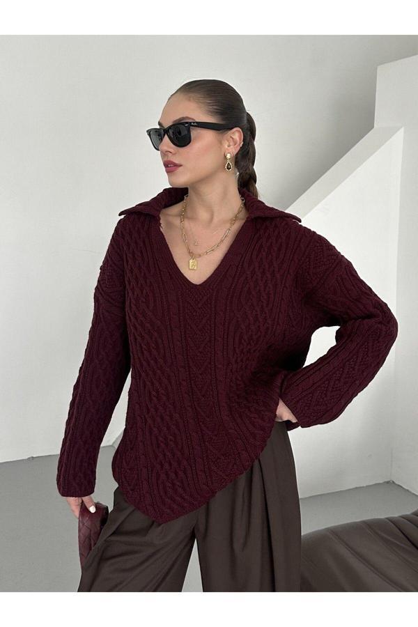 Laluvia Bordo Saç Örgülü Patlı Kazak - 241265 - Image 1