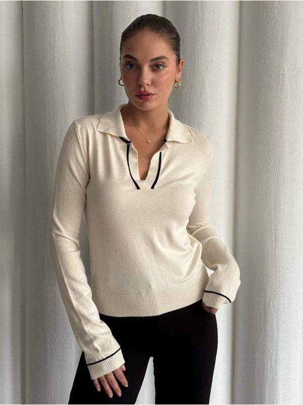 Laluvia Krem Sky Uzun Kollu Polo Yaka Triko Bluz - 4580 - Image 1