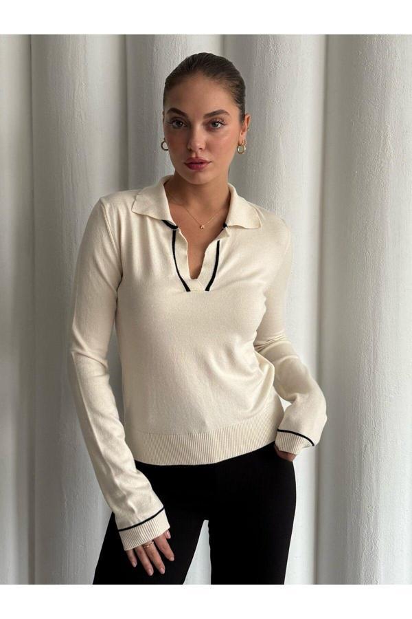 Laluvia Krem Sky Uzun Kollu Polo Yaka Triko Bluz - 4580 - Image 1
