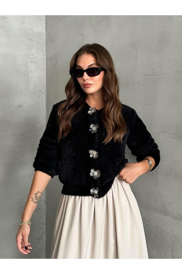 Laluvia Siyah Flora Çiçek Düğmeli Yumoş Hırka-4349 - Image 1